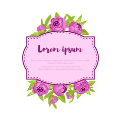 Purple vintage peonies around frame with sign for wedding invita