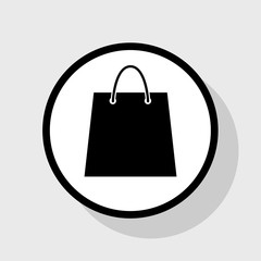 Shopping bag illustration. Vector. Flat black icon in white circle with shadow at gray background.