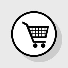 Shopping cart sign. Vector. Flat black icon in white circle with shadow at gray background.