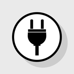 Socket sign illustration. Vector. Flat black icon in white circle with shadow at gray background.