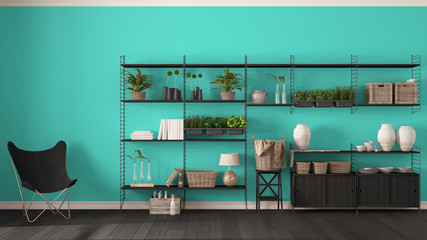 Eco turquoise interior design with wooden bookshelf, diy vertical garden storage shelving, living, lounge relax area with armchair