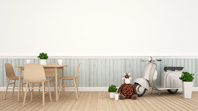 giraffe doll and Vintage motorcycle in dining room - 3D Rendering