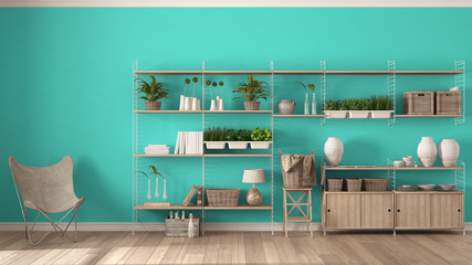 Eco turquoise interior design with wooden bookshelf, diy vertical garden storage shelving, living, lounge relax area with armchair