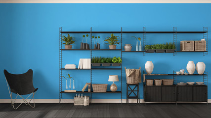 Eco blue interior design with wooden bookshelf, diy vertical garden storage shelving, living, lounge relax area with armchair