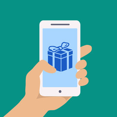 Smartphone screen with gift app. Hand hold smartphone. Vector