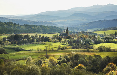 View of Lutowiska village in Bieszczady County. Poland