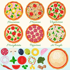Fototapeta na wymiar Pizza set vector illustration. Hawaiian, Margherita, Pepperoni, Vegetarian, Mexican, Mushroom pizza. Isolated pizza ingredients