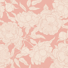 Vector pastel seamless pattern of paeony flowers on a pink background. Blooming peony with an open and a closed bud, leaves and twigs. Graphic illustration for wallpaper or textile