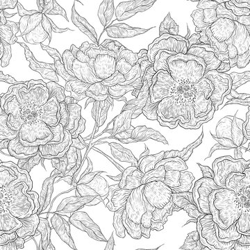 Vector black and white seamless pattern of paeony flowers. Blooming peony with an open and a closed bud, leaves and twigs. Graphic illustration for wallpaper, wrapping or textile
