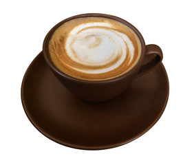 Hot coffee cappuccino brown cup with saucer isolated on white background, clipping path included.
