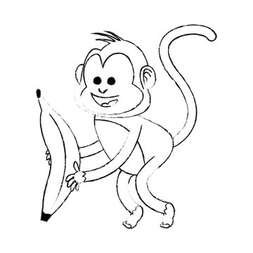 monkey playing with big banana cartoon icon image vector illustration design  black sketch line