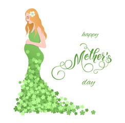 Beautiful pregnant women in flowery dress. Mothers Day greeting card with lettering. Spring holidays. Vector illustration EPS10.