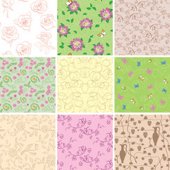 light and dark seamless patterns with flowers - vector backgrounds