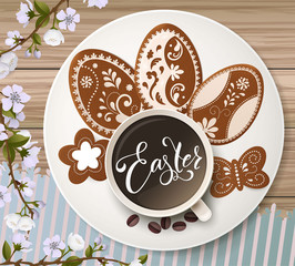 Happy Easter lettering, Gingerbread in the form of eggs. Spring holidays, Easter background. Vector illustration EPS10.