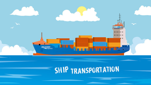 Cool detailed vector design element on seagoing freight transport with loaded container ship. Modern global cargo shipping background. Ideal for web site or social media network cover profile image