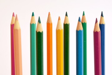 Colored pencils in a row in front of a white background