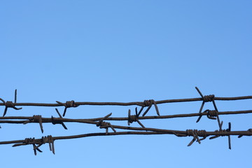Barbed wire fence against the blue sky