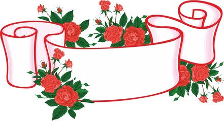 Vintage flower ribbon. Banner with red rose. Retro style. Vector illustration.