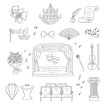 Vector set of theater icons hand drawn, doodle.