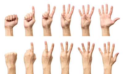 Male hands counting from zero to five isolated