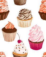 Seamless pattern with hand drawn cupcakes