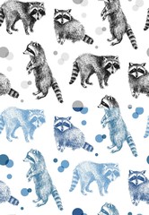 Hand drawn seamless pattern with raccoons