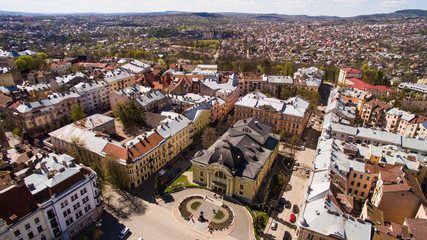 Fototapeta na wymiar Chernivtsi city from above Western Ukraine. Sunny day with sky of the city.