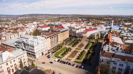 Fototapeta na wymiar Chernivtsi city from above Western Ukraine. Sunny day with sky of the city.
