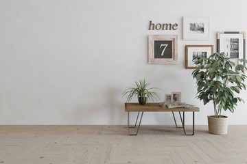 White empty room with table. Scandinavian interior design. 3D illustration