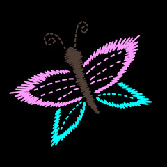 Embroidery stitches imitation butterfly isolated on the black background