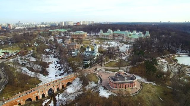 Panorama of Tsaritsyn Park in  spring aerial view