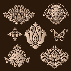 Vector set of damask ornamental elements. Elegant floral abstract elements for design. Perfect for invitations, cards etc.