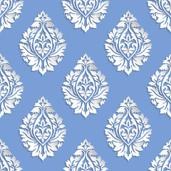 Vector damask seamless pattern background. Elegant luxury texture for wallpapers, backgrounds and page fill. 3D elements with shadows and highlights. Paper cut.