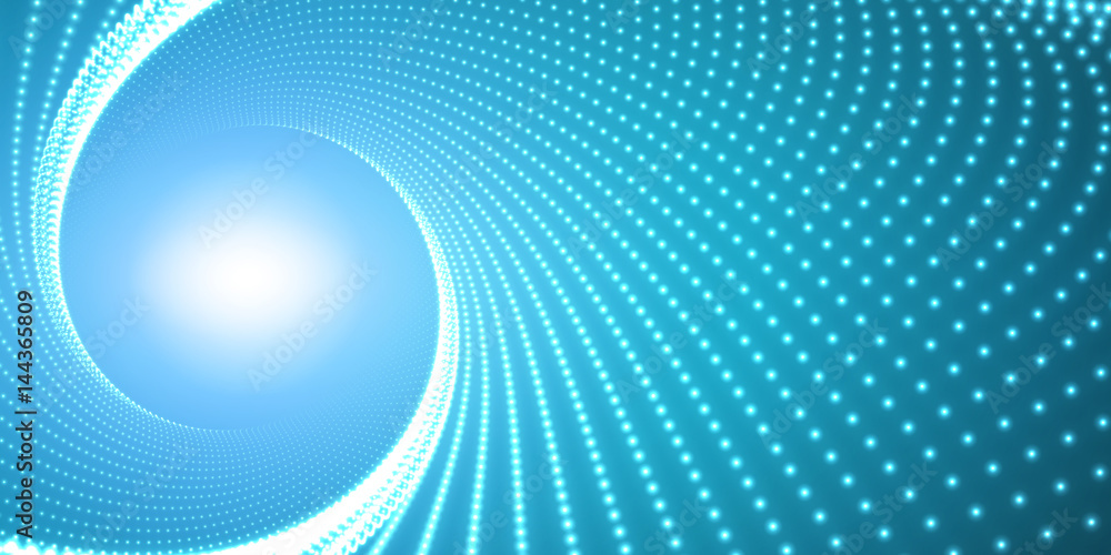 Poster vector infinite round twisted tunnel of shining flares on blue background. glowing points form tunne
