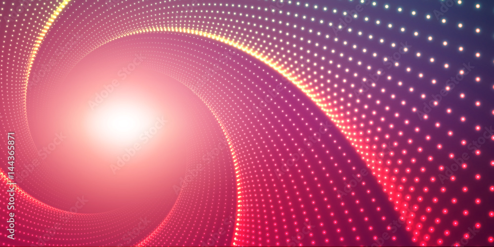 Poster vector infinite round twisted tunnel of shining flares on violet background. glowing points form tun