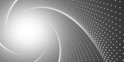 Vector infinite round twisted tunnel of shining flares on black background. Glowing points form tunnel. Abstract cyber colorful background. Elegant modern geometric wallpaper. Shining points swirl.