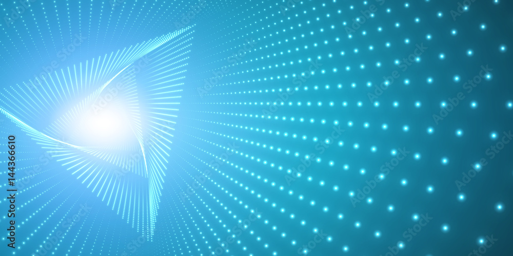 Poster vector infinite triangle twisted tunnel of shining flares on blue background. glowing points form tu