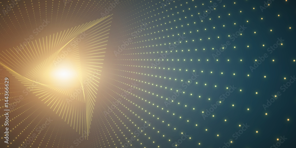 Poster vector infinite triangle twisted tunnel of shining flares on green background. glowing points form t
