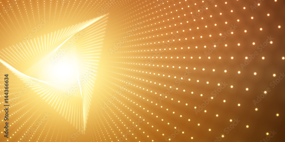 Poster vector infinite triangle twisted tunnel of shining flares on orange background. glowing points form 