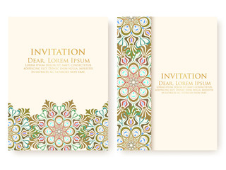 Vector invitation, cards with ethnic arabesque elements. Arabesque style design. Elegant floral abstract ornaments. Front and back side of card. Business cards. eps10