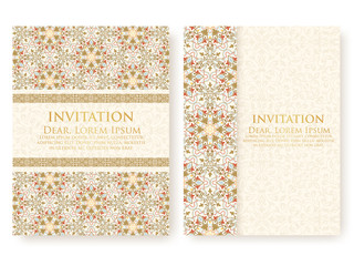 Vector invitation, cards with ethnic arabesque elements. Arabesque style design. Elegant floral abstract ornaments. Front and back side of card. Business cards. eps10