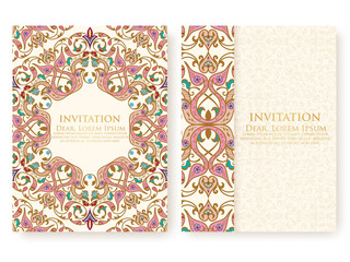 Vector invitation, cards with ethnic arabesque elements. Arabesque style design. Elegant floral abstract ornaments. Front and back side of card. Business cards. eps10