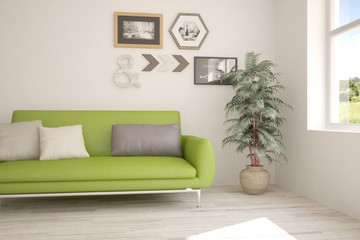 White room with sofa and green landscape in window. Scandinavian interior design. 3D illustration