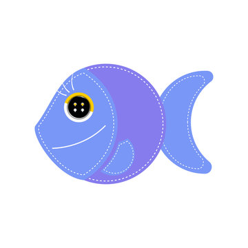 Blue fish with a black eye button. Handmade stitches. Seams on the contour. Application isolated. White background.