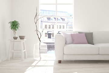 White room with sofa and urban landscape in window. Scandinavian interior design. 3D illustration