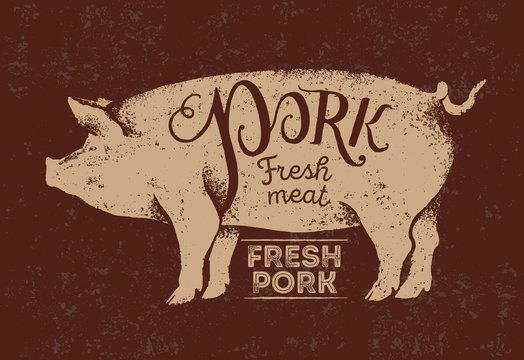 Silhouette of a piglet in a graphic style and inscriptions, pork label.