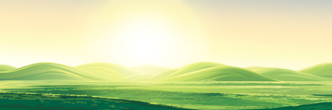 Summer rural landscape from cows and farm, dawn above hills, elongated format. 