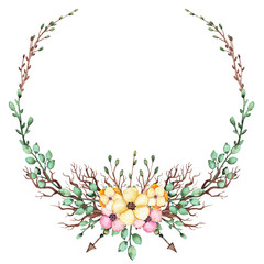 Obraz premium Wreath With Watercolor Yellow And Pink Flowers, Leaves And Arrows
