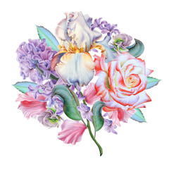 Watercolor bouquet with flowers. Rose. Iris. Hyacinth. Illustration. Hand drawn.