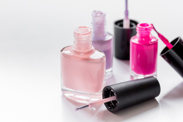 Close up of nail polish in bottles white background space for text